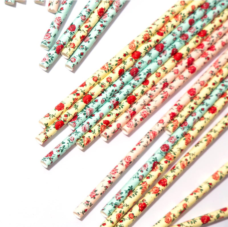 JPACO 75-Pack Eco-Friendly Biodegradable Paper Straws - Vintage Rose & Floral Design in Pink, Blue, Yellow - Disposable Straws for Parties By JPACO - Image 2